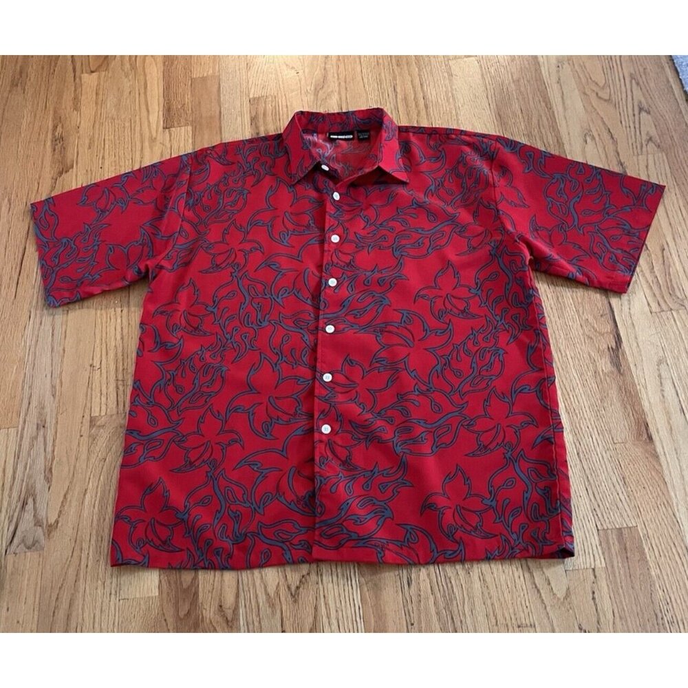 ODO Shirt Mens Size XXL Vintage Polyester Hawaiian Club Rave Red Gray Hibiscus